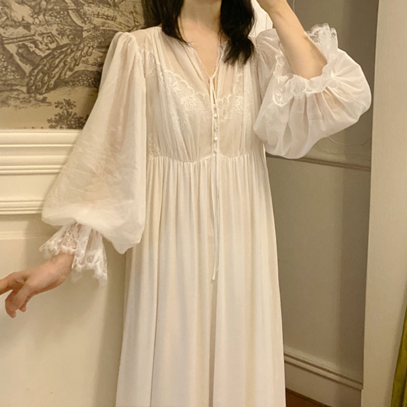 Baju Tidur Wanita Dewasa Import Victorian White Cotton Night Dress Women Autumn Romantic Vintage Long Nightgowns Fairy Peignoir Princess Sleepwear