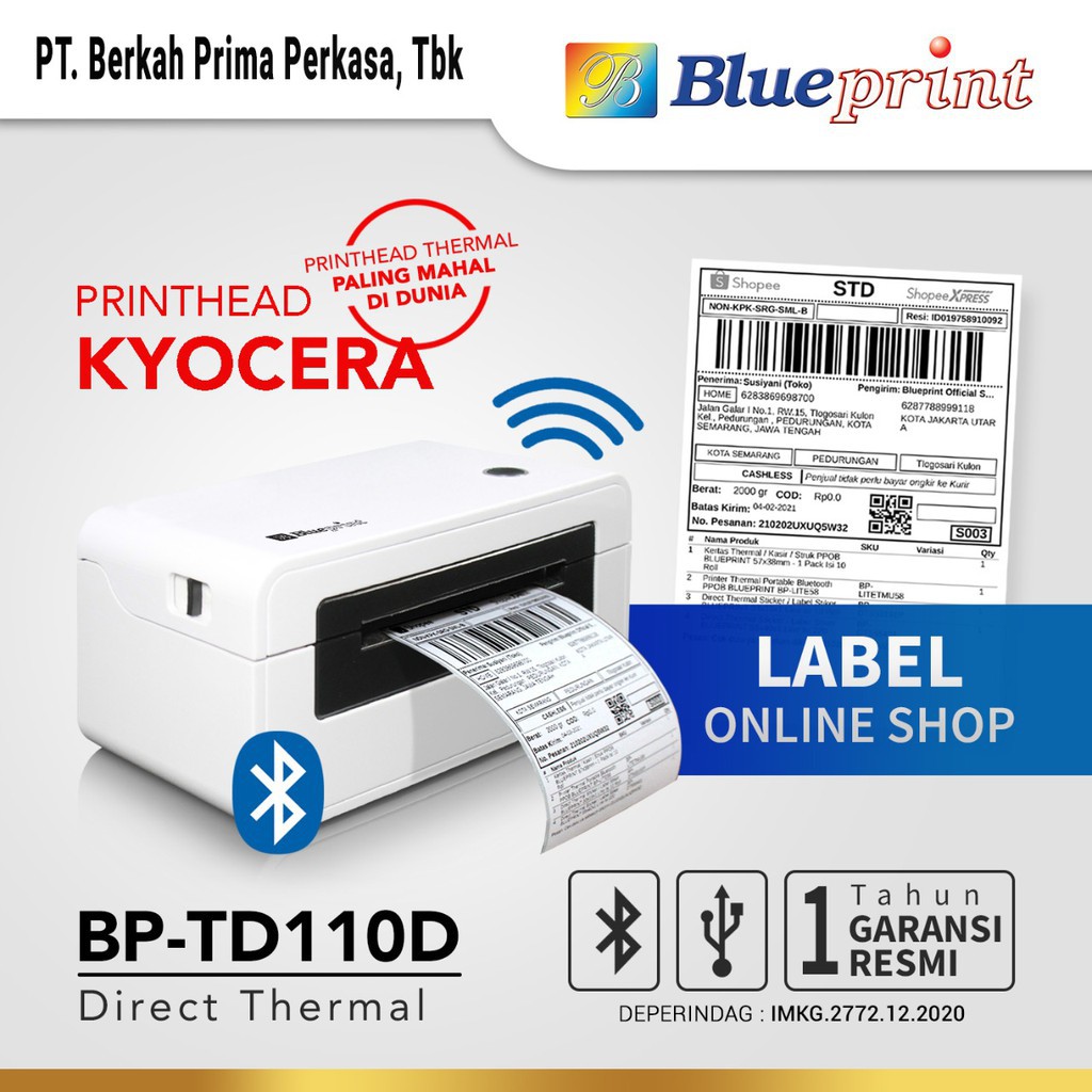 Jual Printer Barcode Label Resi A6 BLUEPRINT BP-TD110D (USB-bluetooth ...