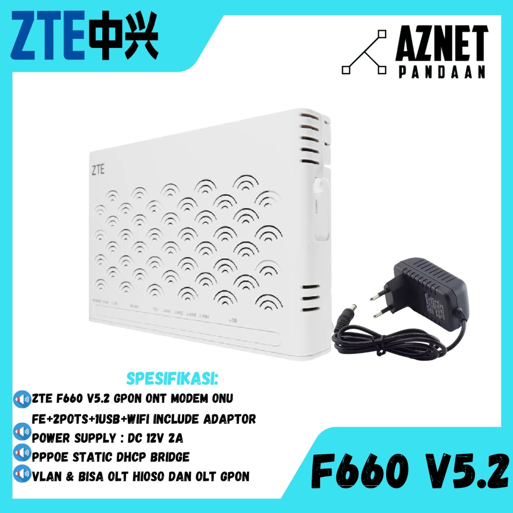 Jual ZTE F660 V6 GPON ONT MODEM ONU FE+2POTS+1USB+WIFI INCLUDE ADAPTOR