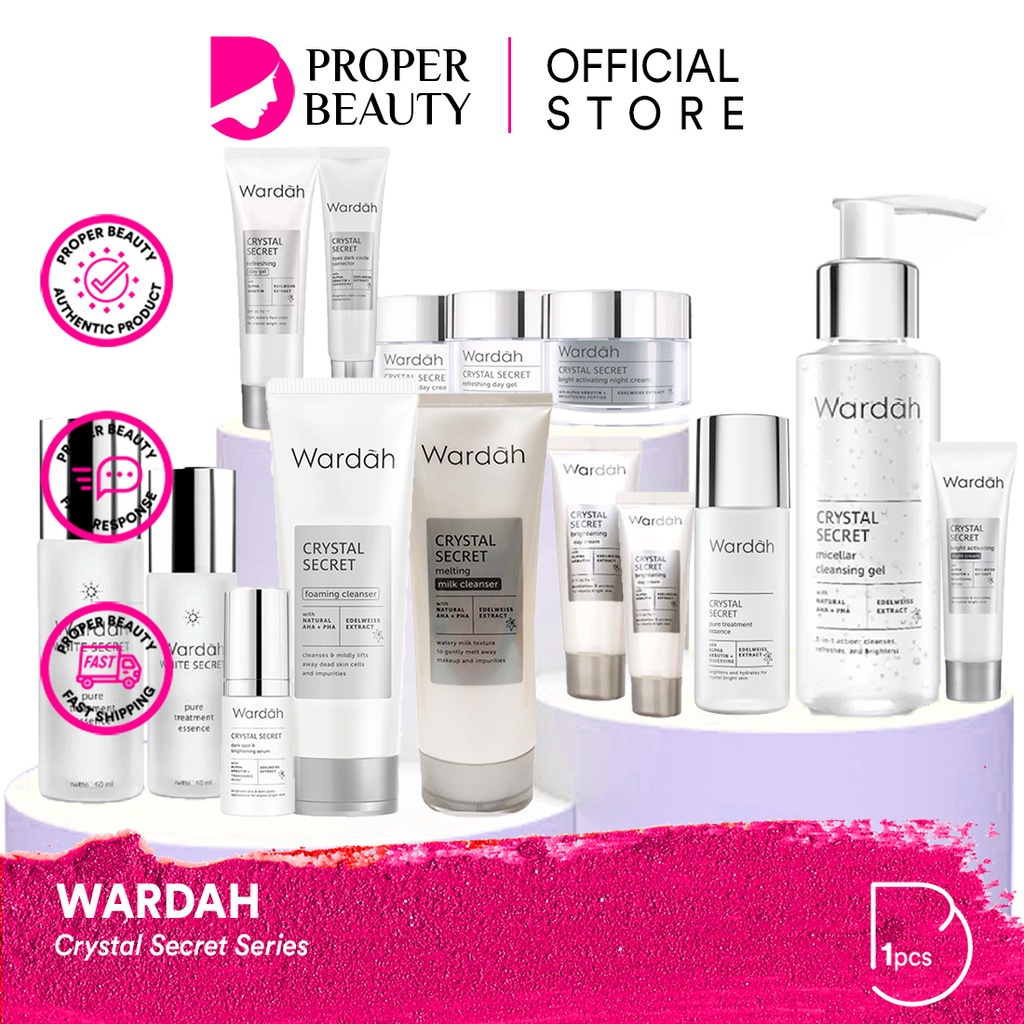 WARDAH Crystal Secret Series Indonesia / Facial Wash Face Scrub Micellar Water Essence Toner Mist Serum Day Night Eye Cream Sunscreen Mask Masker Lip Tint Matte Gloss / Lightening Acnederm Nature Daily