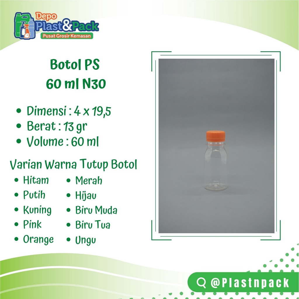 Jual Botol PS 60 ml N30 + Tutup Longneck | botol kemasan 60ml untuk air ...