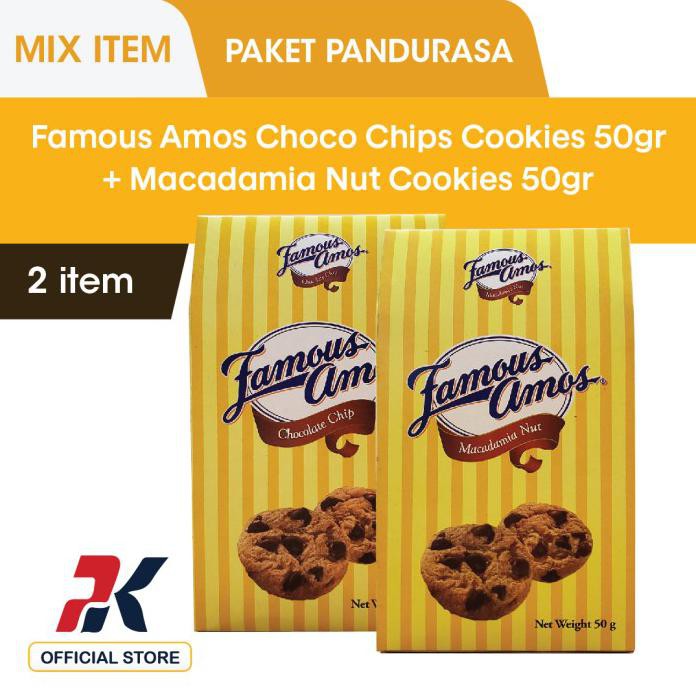 Jual Famous Amos Choco Chips Cookies 50Gr + Macadamia Nut Cookies 50Gr
