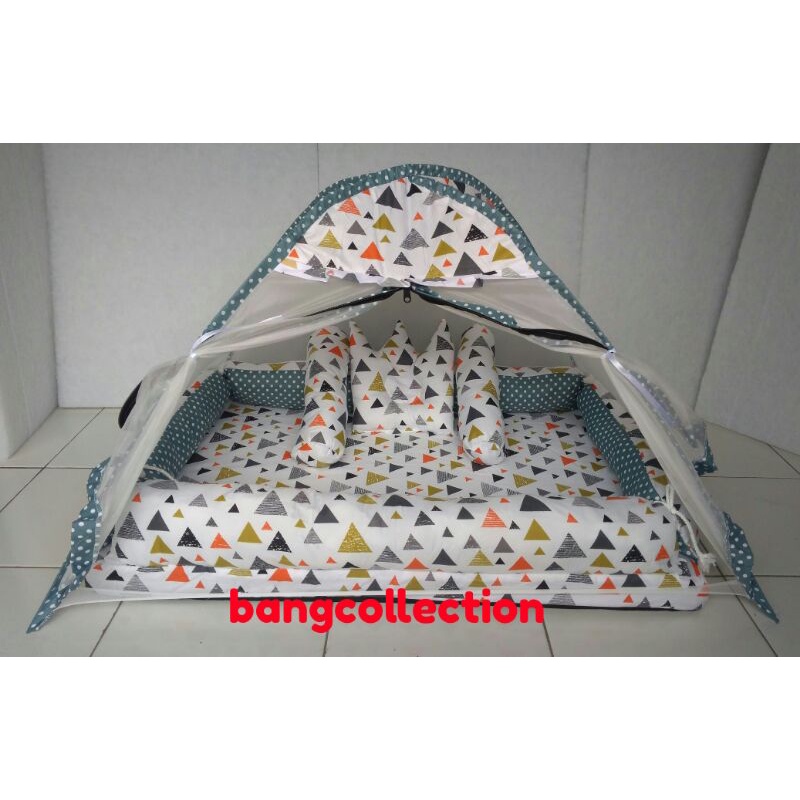 Jual Kasur Bayi Kolam Kelambu Tenda Set Motif Segitiga Abu Abu Shopee Indonesia