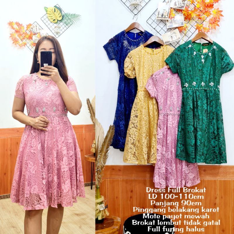 Jual Dress Malena Fullbrokat Pesta Kondangan Gereja Natal Halus Lembut Mewah Cantik Gaun