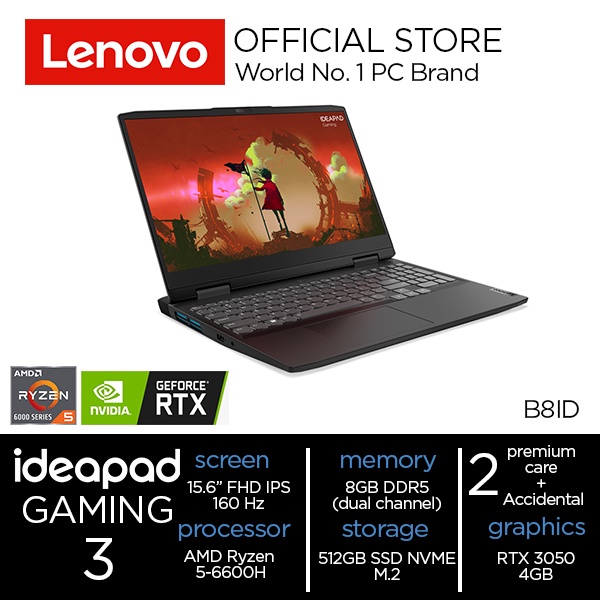 Jual Lenovo IP Gaming 3 B8ID AMD Ryzen 5-6600H/8GB/512SSD/RTX3050/15.6 ...