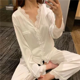 Piyama Atasan Piyama Lengan Panjang Tipis Sutra Es Set Celana Panjang Warna Solid Home Service