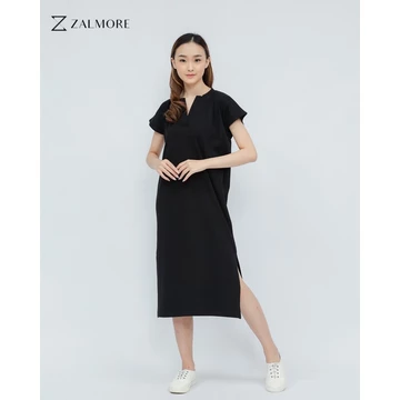 Zalmore Vneck Loose Midi Dress With Slit LUMA Cotton™ Premium Dress Wanita Lembut Ringan Sejuk