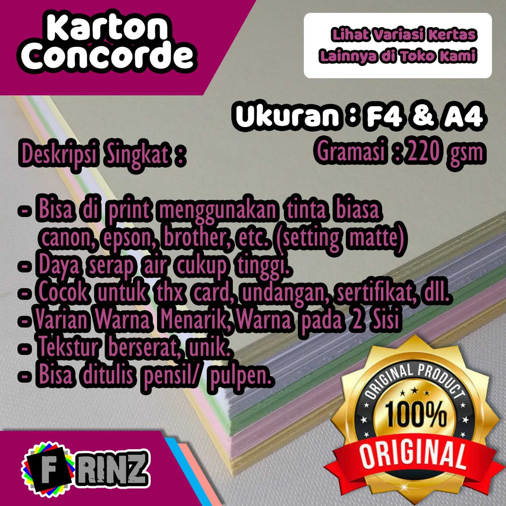 Jual Karton Concorde F4 A4 220 Gram Konkort Concord Serat Searah High Quality 220 Gsm