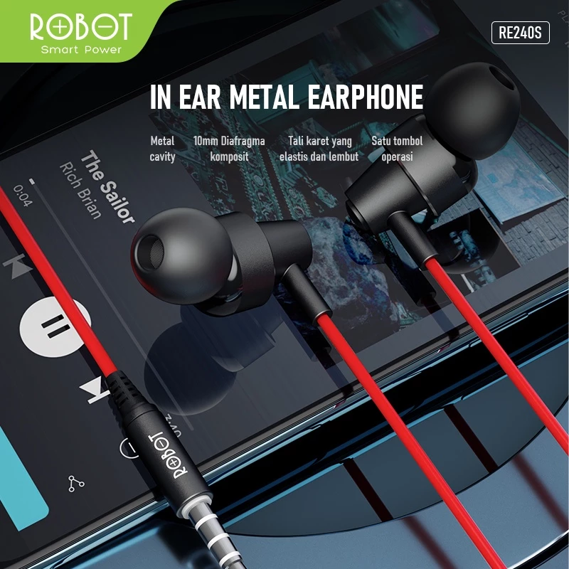 ROBOT Headset Earphone In-Ear Deep Rich Bass Metal Wire RE240S Original - Garansi 1 Tahun