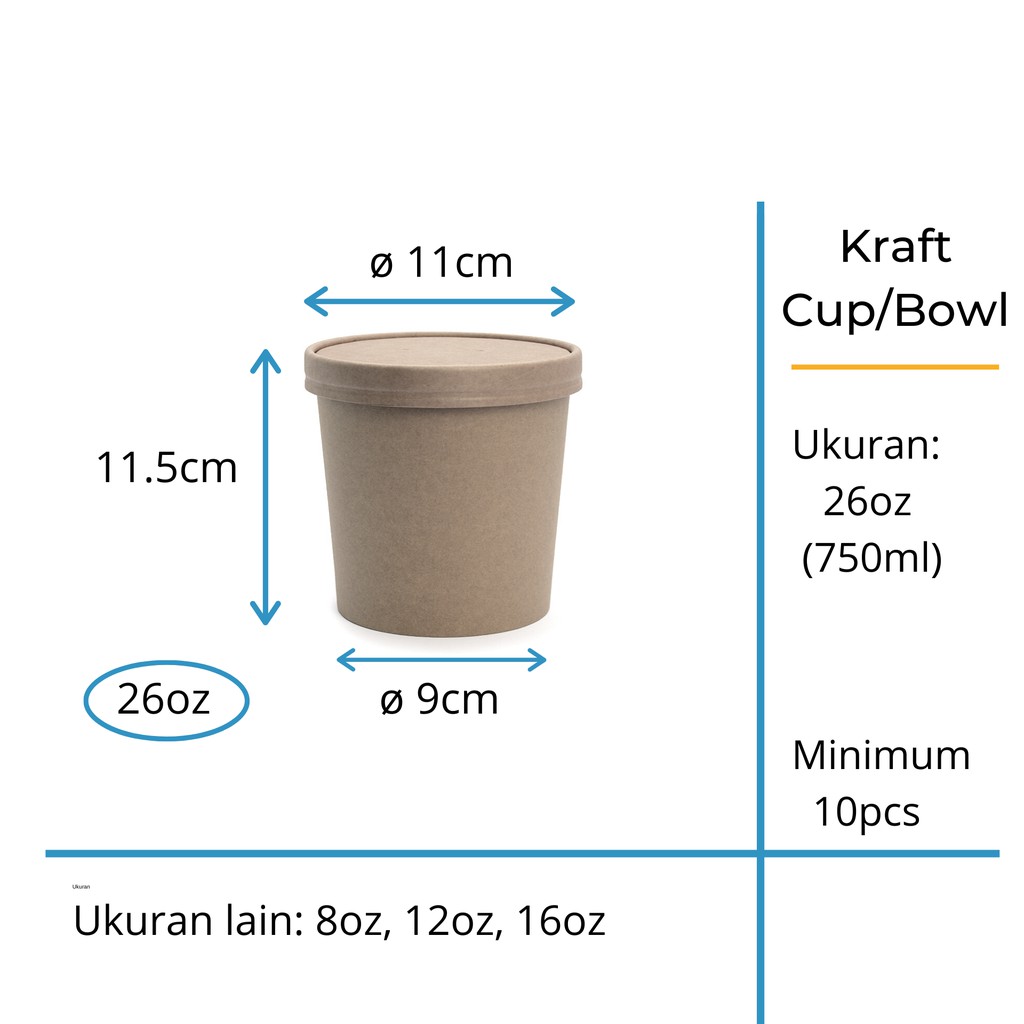 Jual Brown Kraft Paper Cup 26oz + Lid penutup / Food Grade Soup Cup ...