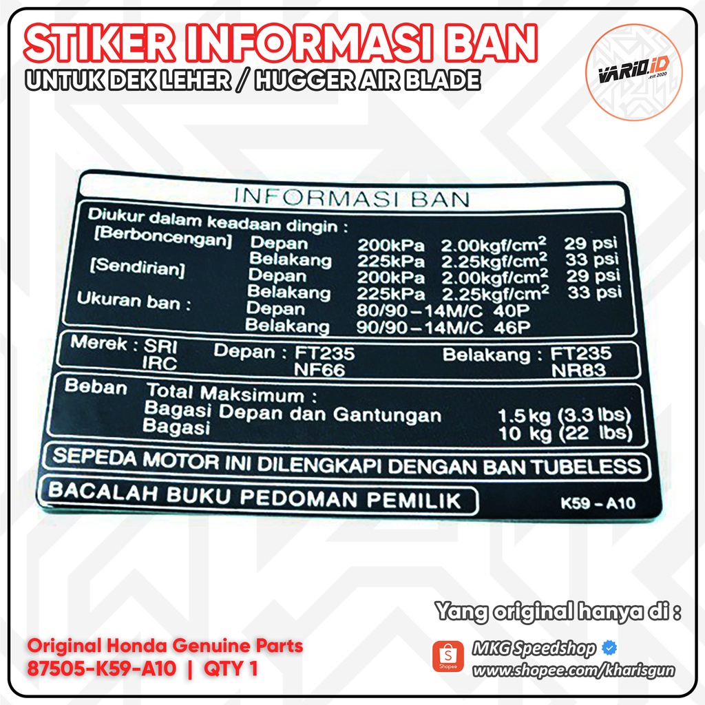 Jual Stiker Label Informasi Ban Ori Honda 87505-K59-A10 | Shopee Indonesia