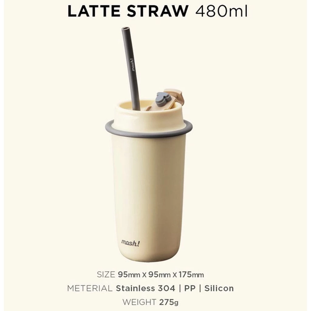 Mosh Latte Straw Tumbler Stainless Steel 480ML - Botol Minum Termos Tahan Panas dan Dingin - Ivory