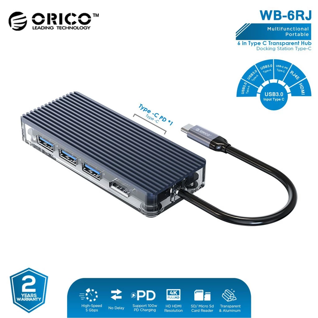ORICO 6in1 Type C Hub USB 3.0 HDMI RJ45 - WB-6RJ