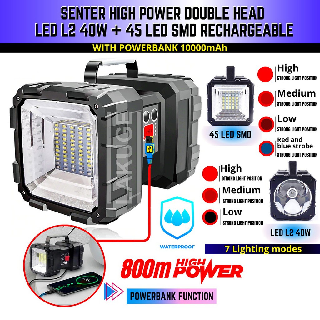 Jual Senter Double Head LED High Power LED L2 40W + 45 LED SMD ...