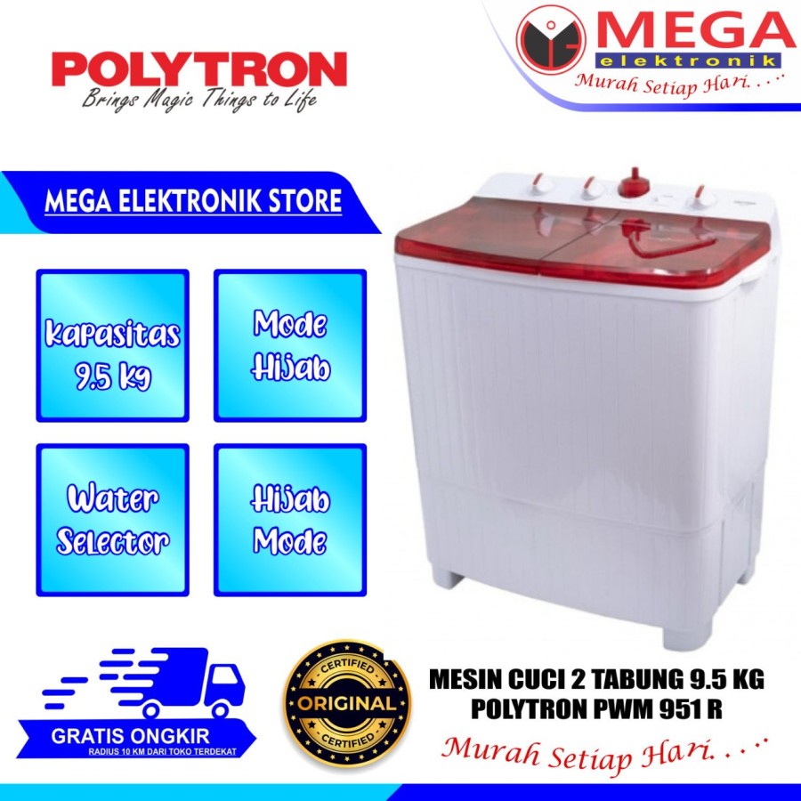 Jual MESIN CUCI 2 TABUNG POLYTRON PWM-951B/R / PWM 951 / PWM951 9,5 KG ...