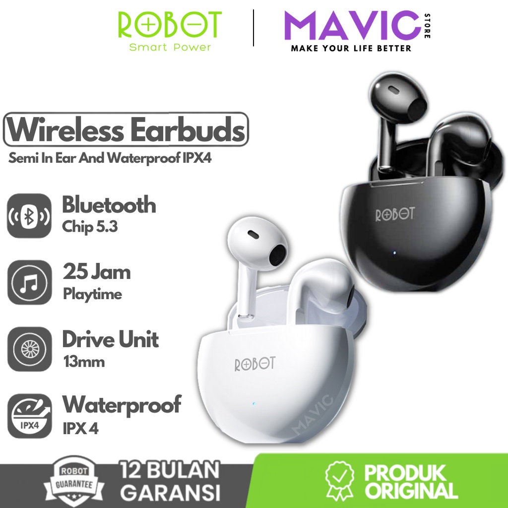 ROBOT Flybuds T10 TWS Earbuds Semi In Ear True Wireless Earphone Headset Bluetooth 5.3 Waterproof IPX4 Garansi Resmi 1 Tahun