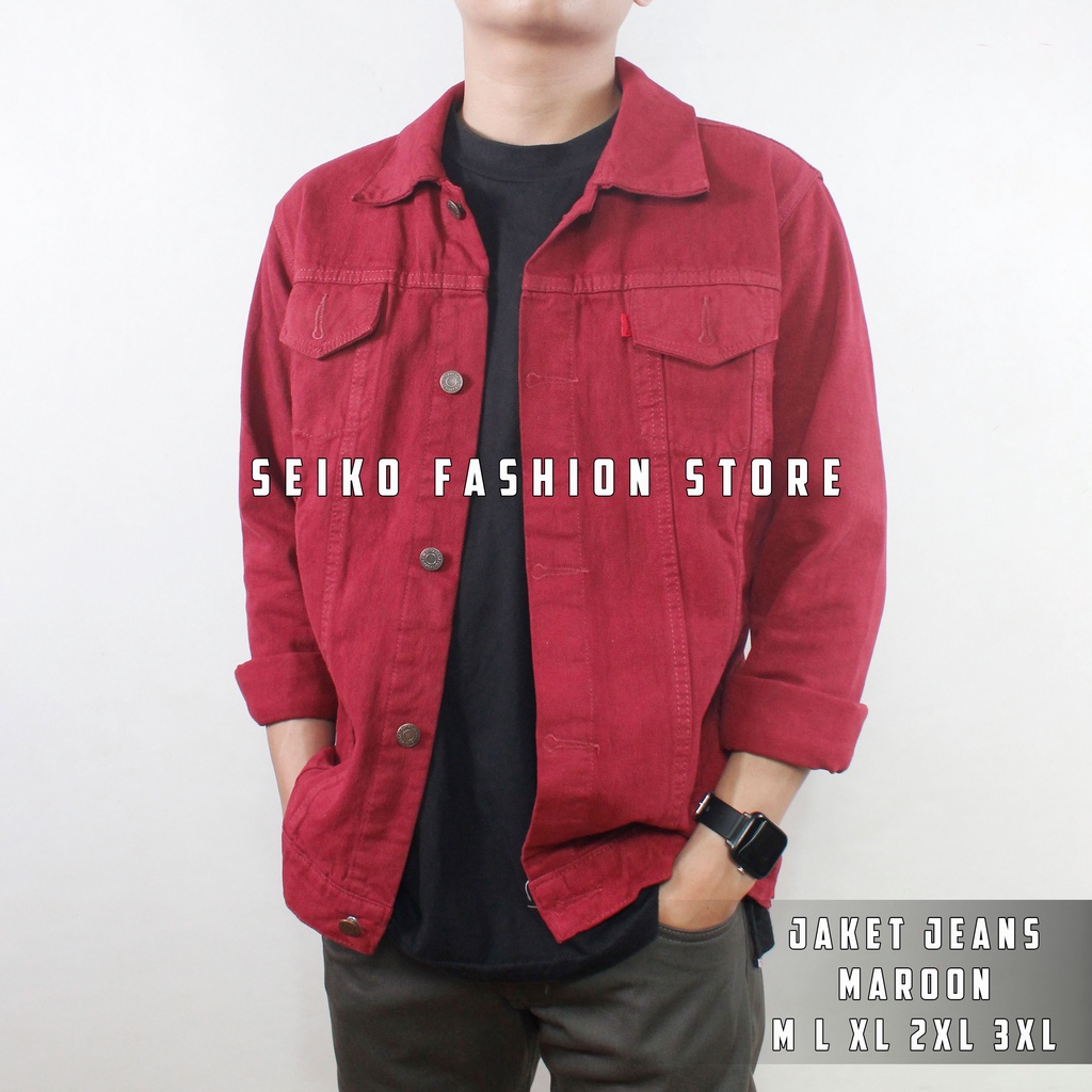 Jaket Jeans Denim Casual Basic Pria Maroon