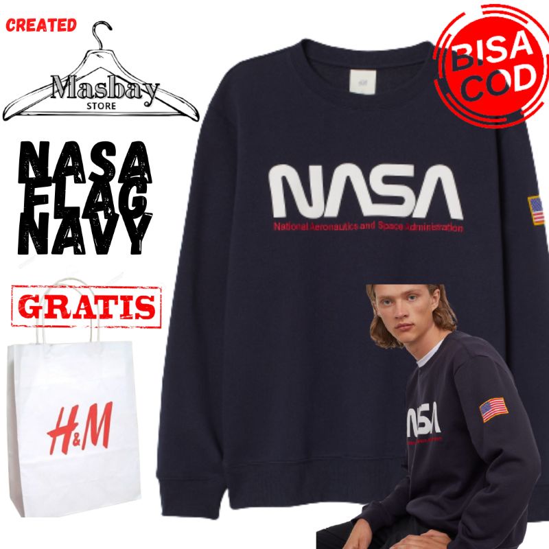 Jual Crewneck HM Nasa Flag logo bordir Navy Putih ful tag Shopee Indonesia