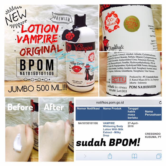 Jual Original 100 [500ml] Bpom Lotion Vampire Jumbo Milky Drop White