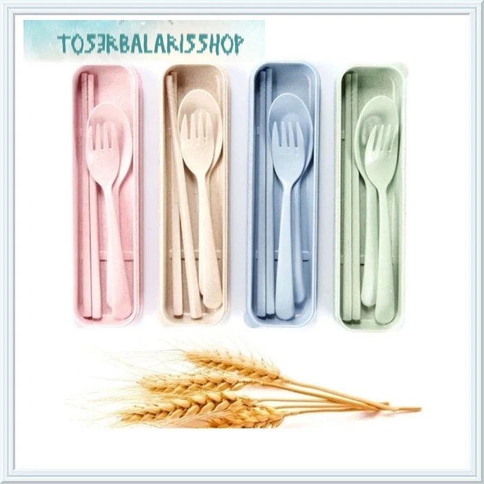 Warna Random Jerami Gandum Sendok Garpu Sumpit Portable Set / Alat Makan Bahan Alami Jerami Gandum | AutoStock