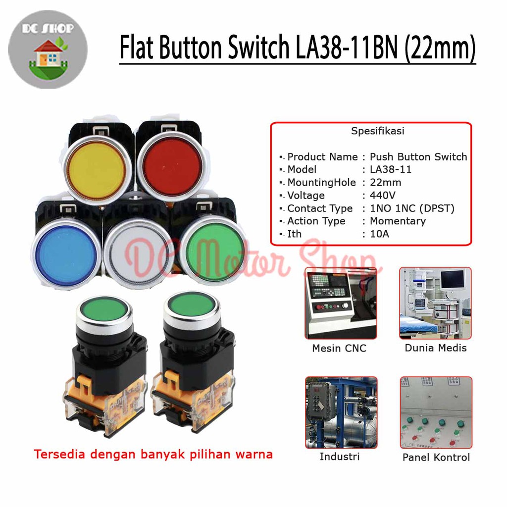Jual Push Button Flat Buttton Switch 22mm Self Return LA38-11 10A upto ...