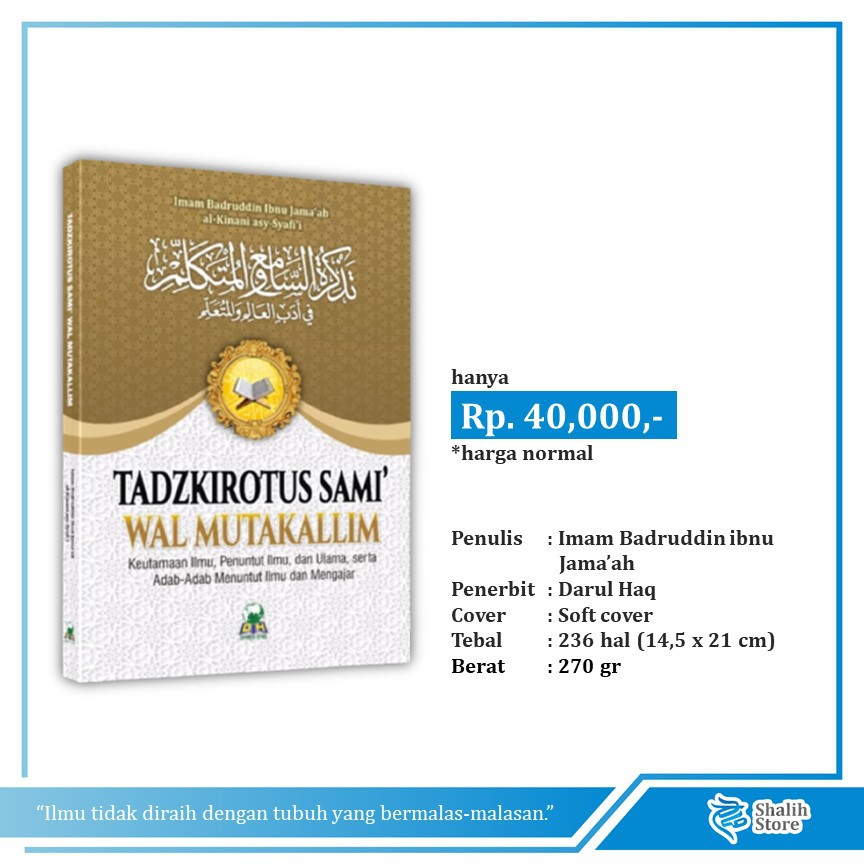 Jual TADZKIROTUS SAMI’ WAL MUTAKALLIM; Keutamaan Ilmu, Penuntut Ilmu ...