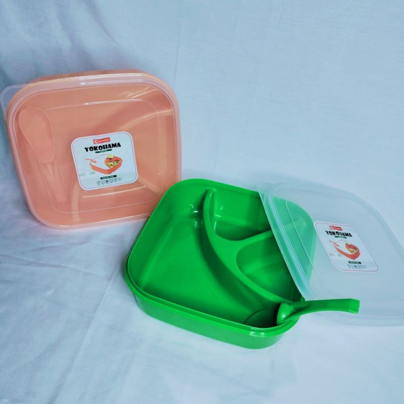 Jual Kotak Makan Yokohama 3 Ruang Lunch Box Persegi Free Sendok Shopee Indonesia 7405