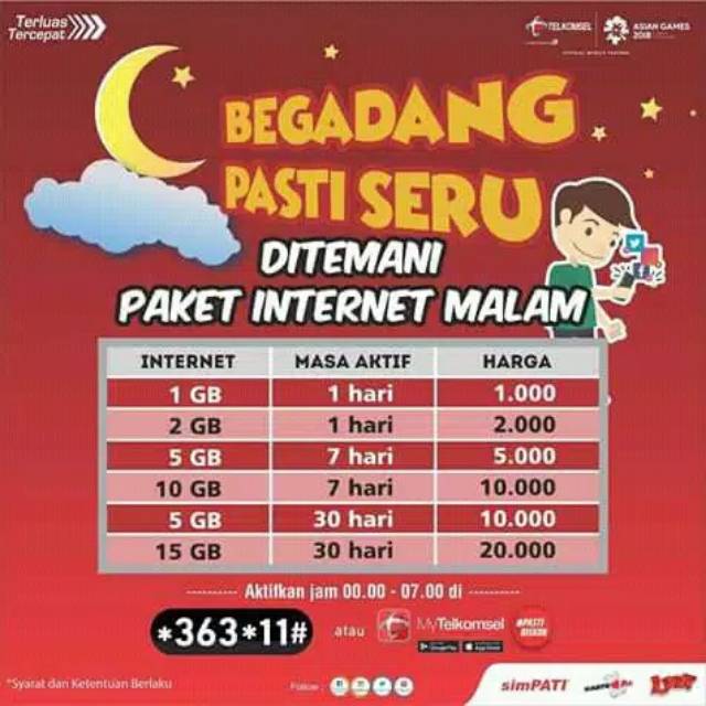Jual TSEL DATA MALAM ( 00-07 ) 1GB / 5GB / 7GB / 15GB ( 1Hr - 30Hr ...