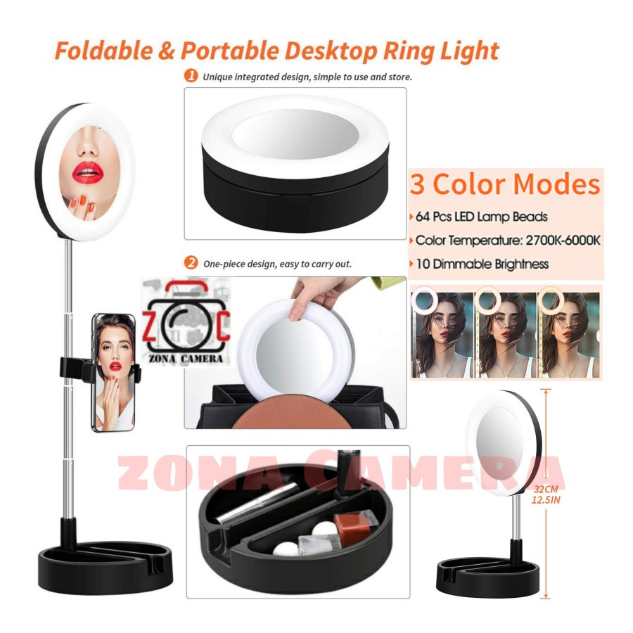 Jual Ring Light Portable Foldable Makeup Lighting Mirror Live Vlog Kit ...