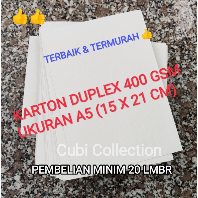 Jual Karton Duplex Tebal 400 Gsm Ukuran A5 15 X 21 Cm Termurah