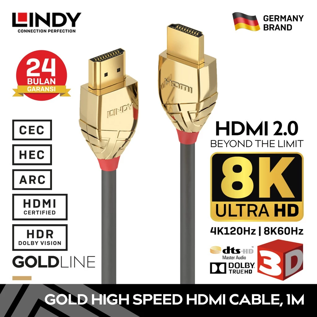 LINDY 1M Kabel HDMI 2.0 High Speed 8K 4K 120hz UHD HDR Gold Cable
