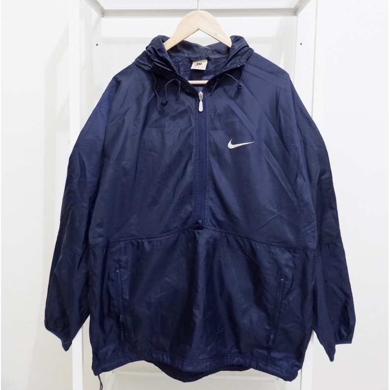 Nike Vintage Jaket Windbreaker Cagoule Navy Big Swoosh Streetwear Sport Second Branded Original Preloved Jacket