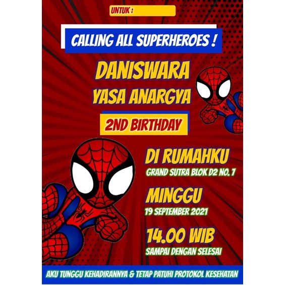 Jual Birthday Invitation / Undangan Ulang Tahun tema Spiderman Free