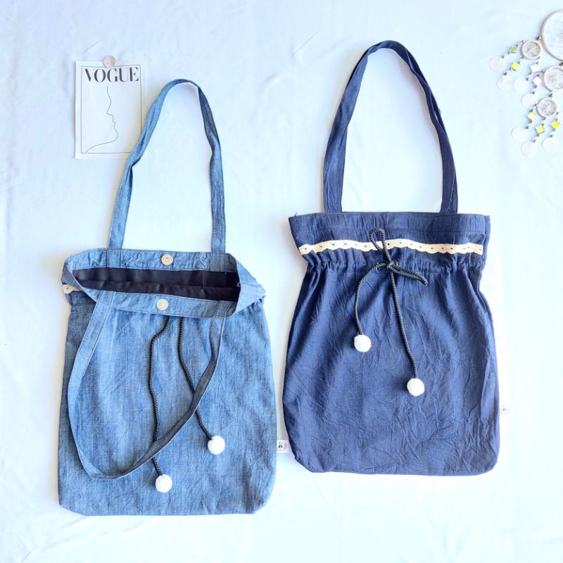 Jual Totebag Serut Blue Denim Tas Kuliah Bahan Jeans Shopee Indonesia