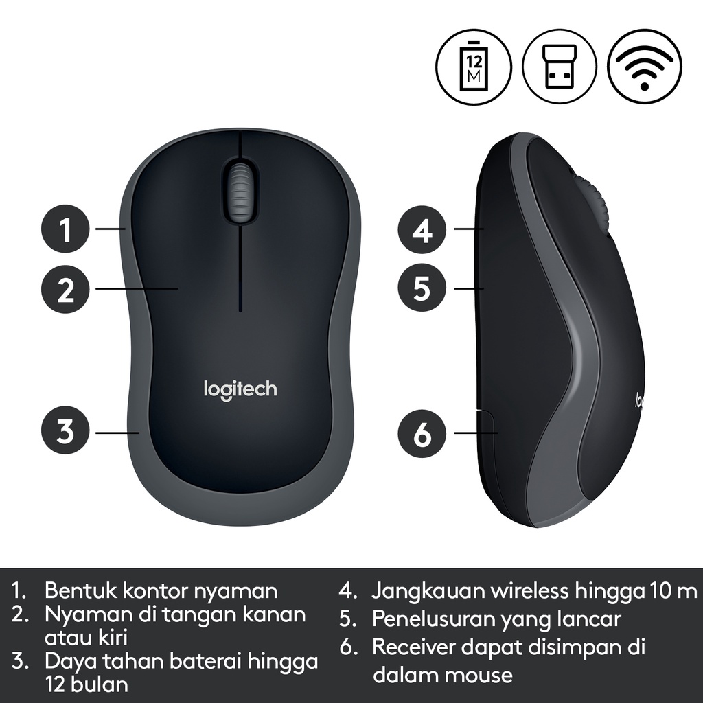 Logitech M185 Mouse Wireless Compact untuk Windows, Mac, ChromeOS - Abu - Abu (6)