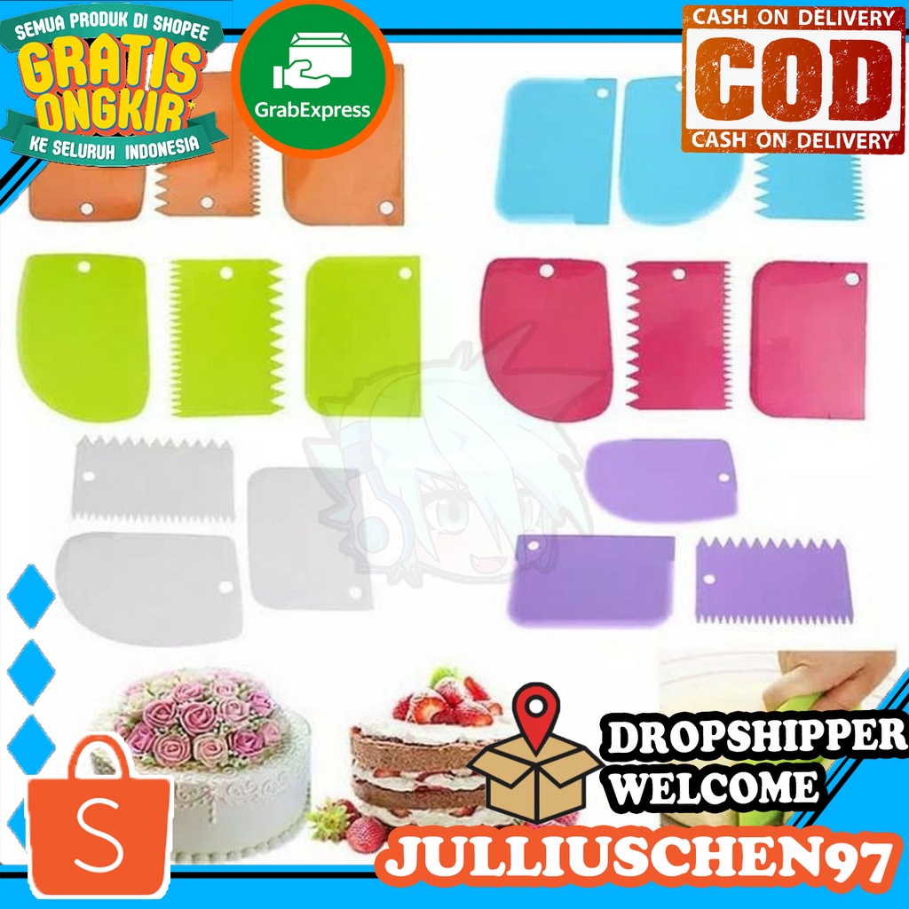 Jual JJ CHEN 3 Pcs Set Alat Pemotong Adonan Kue / Roti / comb scraper ...