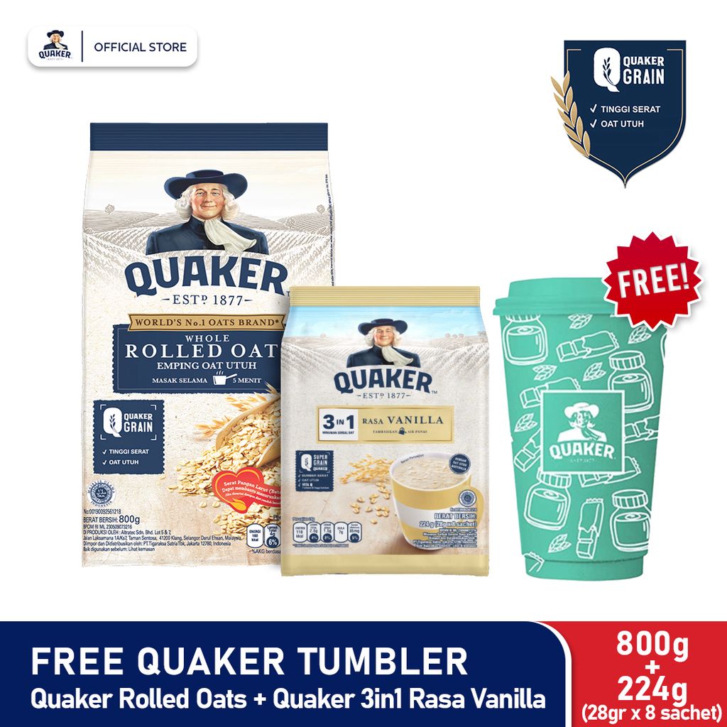 Jual Quaker Rolled Oats 800g + 3in1 Vanilla Polybag 224g Free Tumbler ...