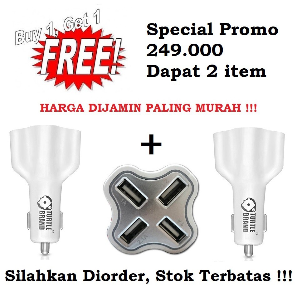 Jual Turtle Brand 4 Port USB Car Charger 6.2A Promo Beli 1 Gratis 1 ...