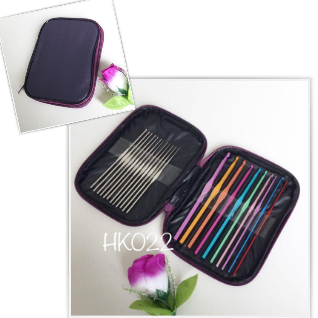 Jual Hakpen Rajut Crochet Hook set Pocket metal and full alumini 22pcs ...