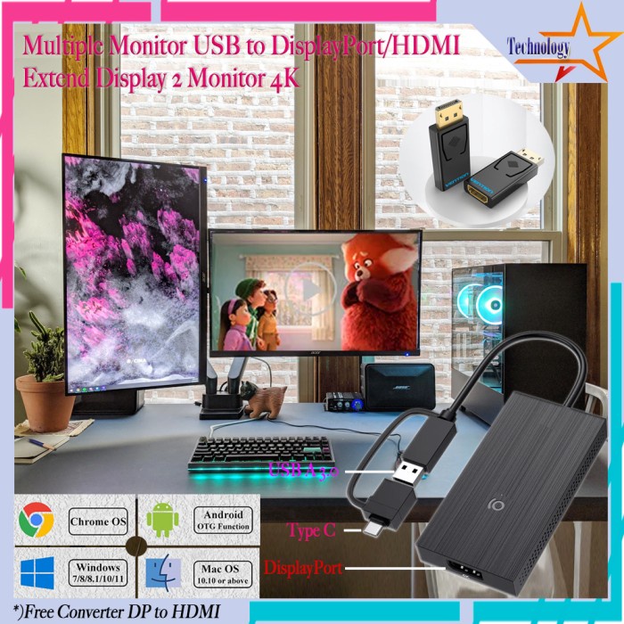 Jual Multiple Monitor USB 3.0 to DP/HDMI Splitter 1x2 Extend Display 4K ...