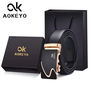 AOKEYO Ikat Pinggang Pria Kulit Otomatis Dapat Disesuaikan Gesper Pria Sabuk Pria Kulit Sapi Asli(Free Kotak+ Kartu Garansi)