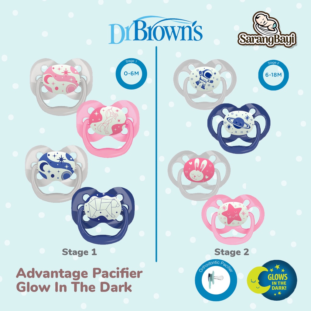 Dr. Brown's Advantage Glow In The Dark Pacifier, 100% Silicone Baby Paci Symmetrical Soother 6 18m Bpa Free Blue 4 Pack