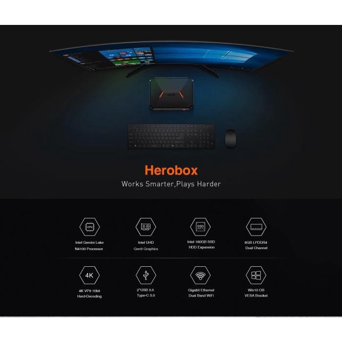 Mini PC, All In One Pc, 8GB RAM 180GB SSD HeroBox, N4100