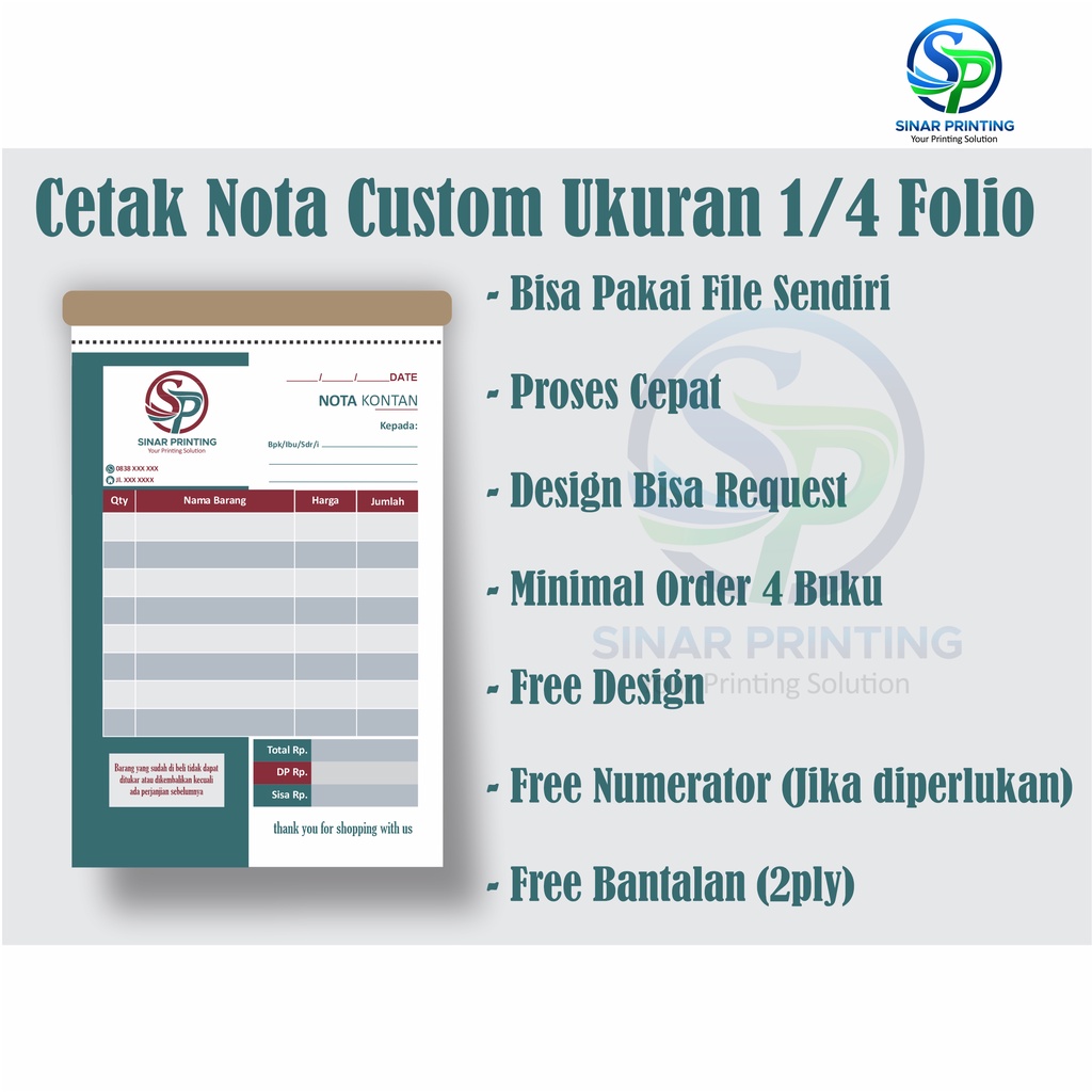 Jual Cetak Nota Custom 1 Rangkap ~ 2 Rangkap Ukuran 14 Folio Free Design Proses Cepat 7945