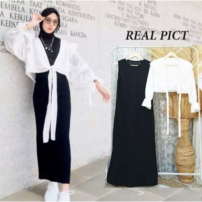 Product image ONE SET DRESS MUSLIMAH / INNER + OUTER LENGAN SERUT PUTIH HITAM / SETELAN WANITA / OOTD DRESS KONDANGAN