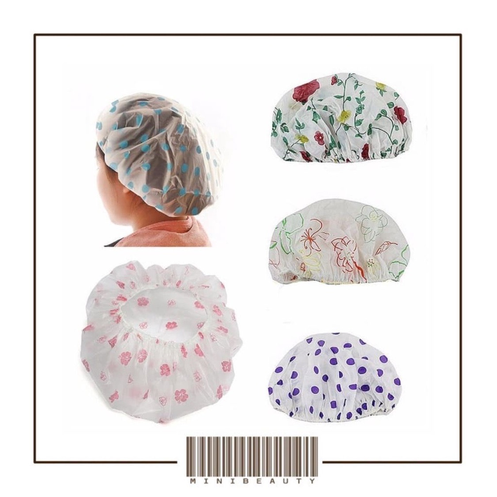 Jual shower cap plastik penutup rambut anti air transparan desain motif