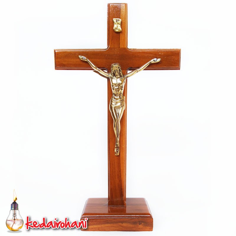 Jual Salib Duduk Meja Kayu Jati Courpus Patung Yesus INRI Logam 30 cm ...