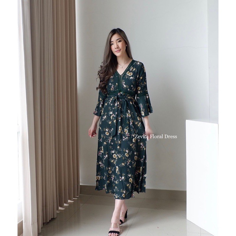 Jual DRESS KOREA KEKINIAN TERMURAH ZEVITA KOREAN FLORAL VINTAGE MIDI DRESS PANTAI LENGAN PANJANG Shopee Indonesia