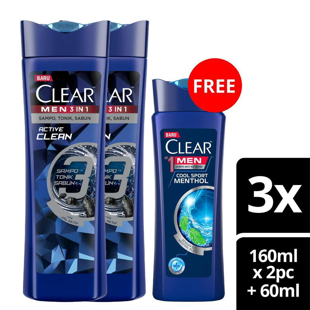 Jual Buy 2x Clear Men 3in1 Shampo Active Clean Bottle 160ml Free Cool