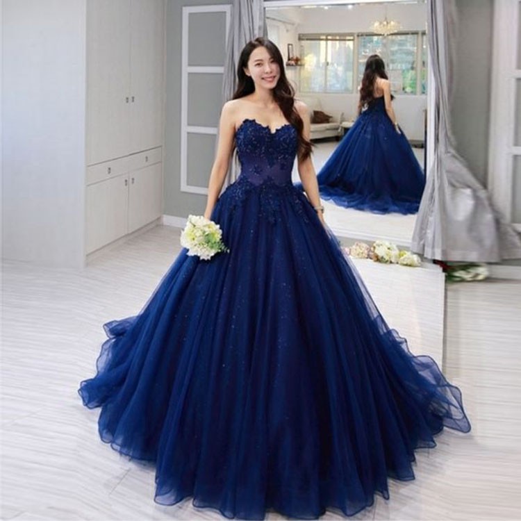 Jual Gaun pesta ballgown tanpa lengan blue sweet heart wedding